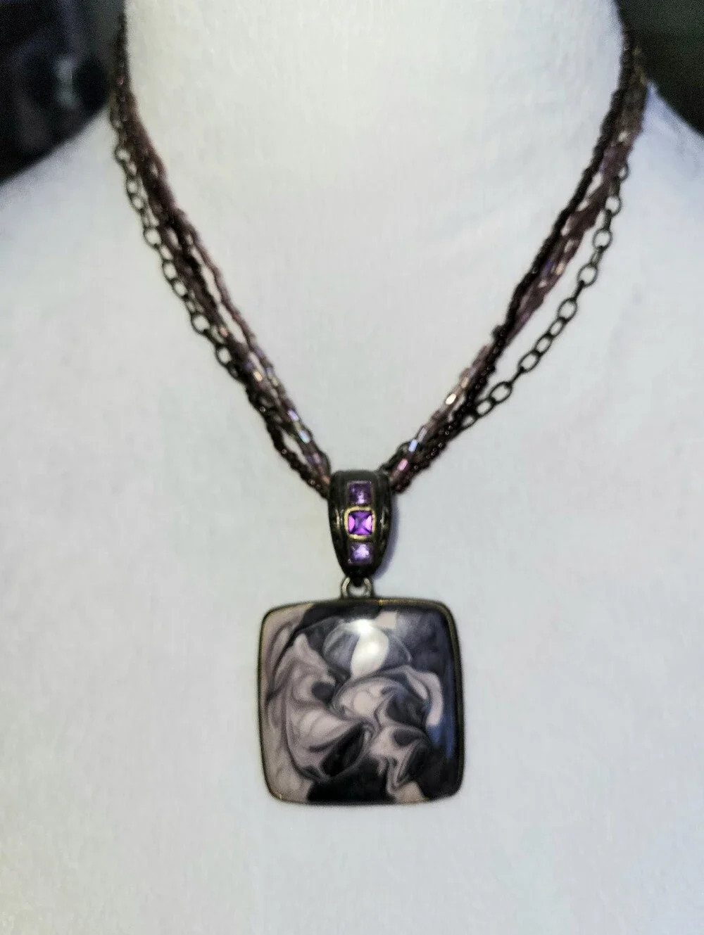 Vintage Purple & White Enamel Square Pendant Multi-strand Beaded Chain Necklace